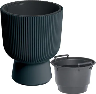 A dark gray planter with a ribbed design and a separate dark gray inner pot are shown against a white background.