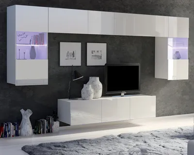 Produktbild von Wohnwand Amanda II Oberschrank Schrankwand mit zwei Vitrinen 150 cm breite TV Schrank Wohnzimmer-Set (Weiß matt + Weiß Hochglanz Fronten)
