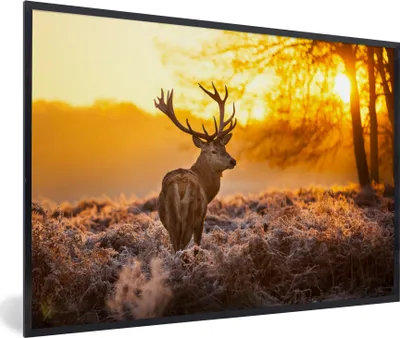 Produktbild von MuchoWow® MuchoWow® Gerahmtes Poster Hirsche - Winter - Sonnenuntergang 90x60 cm - Poster mit zchwarzem Bilderrahmen - Fotorahmen - Foto-Plakat