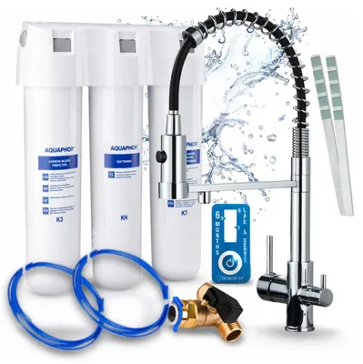 Obrázok produktu pre Ari 3-cestný kuchynský batériový systém Solid Spring, chrómový, výsuvná umývadlová batéria, v súprave s systémom na filtráciu vody Aquaphor Kristall H