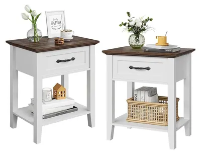 Produktbild von Nachttisch/Beistelltisch - 2er Set - Mit Schublade und Ablage - 2-stöckig - Für kleine Räume - Holz - Grau