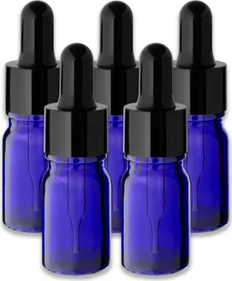 Produktbild von 5x Blaue Glasflasche 5 ml mit schwarzer Pipette leere Kosmetikflasche