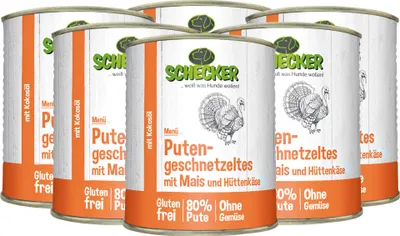 Produktbild von 6 x 820 g - Schecker Hundemenü Nassfutter - Putengeschnetzeltes mit Mais, Hüttenkäse und Kokosöl