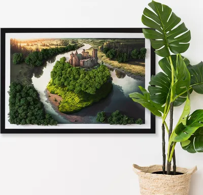 Produktbild von Moosbild mit Echtem Isländisch Moos - 60x40 cm - Schwarzer MDF-Rahmen - Schloss auf einem Hügel
