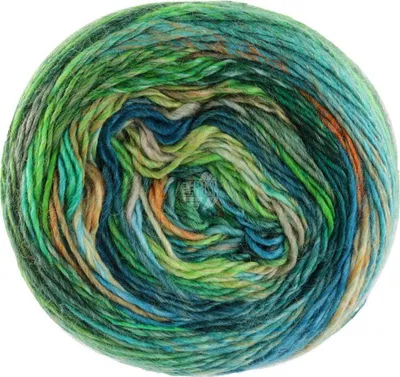 A ball of yarn with a variegated color pattern.