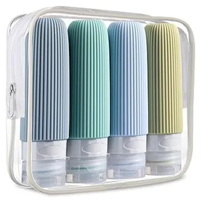 Produktbild von 4er-Set 90-ml-Reiseflaschen zum Nachfüllen, tragbar, auslaufsicher, wiederverwendbar, für Lotion, Shampoo, Mundwasser, Kosmetik, zum Ausdrücken, leerer Behälter für Toilettenartikel