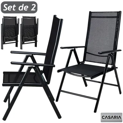 Image de 2x Chaises de jardin à dossier haut anthracite aluminium pliable résistante intempéries dossier réglable 8 positions accoudoirs 120kg