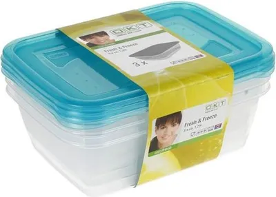 A stack of three clear plastic food storage containers with blue lids, banded together with a yellow and green marketing sleeve.