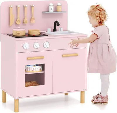 Imagen del producto de Cocina de juguete Silecomplaza para niños, con luces y sonidos, cocina de madera con 10 accesorios, cocina de juguete con fregadero, hornilla y horno, cocina de madera, mini cocina, juego de cocina para niños a partir de 2 años (rosa)