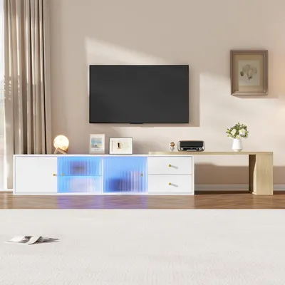 Obrázok produktu pre TV skrinka Merax, nízka komoda pod televízor s LED osvetlením, výsuvná, 175 cm, s posuvnými sklenenými dvierkami, 2 zásuvkami, úložný priestor, moderný dizajn, biela a prírodná farba