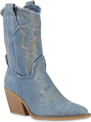 Produktbild von VAN HILL Damen Cowboy Boots Stiefeletten Spitze Denim Stickereien Schuhe 841341, Farbe: Hellblau, Größe: 37