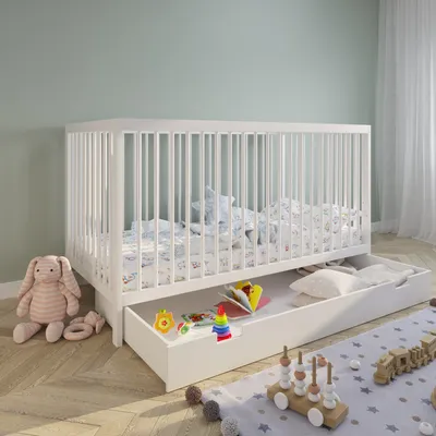 Produktbild von Babybett Kinderbett Gitterbett höhenverstellbar & herausnehmbare Sprossen Holz weiss mit Schublade und Matratze 60x120 cm von Geburt bis 3. Lebensjahr