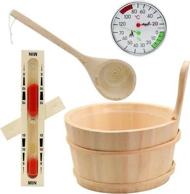 Produktbild von Saunaset inklusive Saunabehälter mit Zubehör - Entspannung in der Sauna - Inklusive Klimatmeter und Sandloper