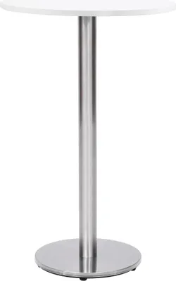 A white round tabletop supported by a single silver metal pole and a circular base.