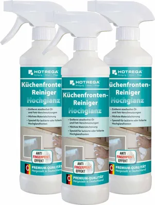 Produktbild von HOTREGA Küchenfronten Reiniger Hochglanz 3x 500ml | pH-neutral, fettlösend & streifenfrei | für lackierte, folierte & glänzende Oberflächen