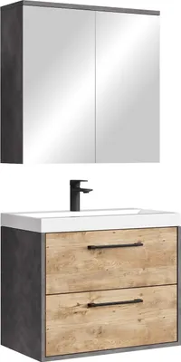 Image de Meuble de salle de bains complet Florence 60 x 35 cm gris avec chêne châtaignier- Meuble de salle de bains avec lavabo et armoire de toilette