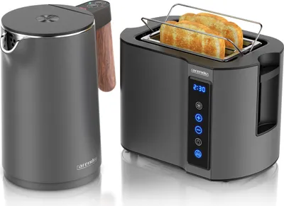 Obrázek produktu pro Snídaňová sada Arendo z nerezové oceli, rychlovarná konvice s nastavením teploty 1,5 l, topinkovač 2 plátky s krátkou štěrbinou, rohlík, dotykový, Cool Grey
