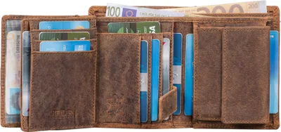 An open brown leather wallet filled with credit cards and banknotes.