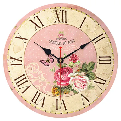 Wanduhr 34 cm, Vintage Blumenstil, Holz, rund, Rosendesign