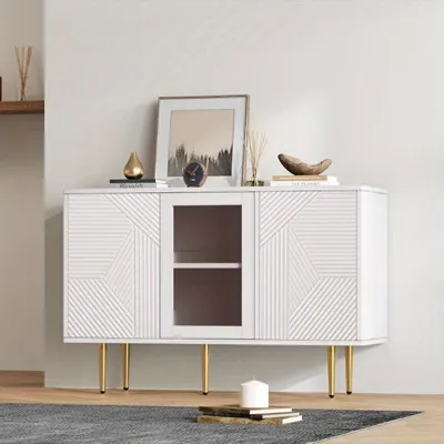 Immagine prodotto di Mobile contenitore bianco con 3 ante in vetro e gambe in metallo, moderno, altezza 120 cm