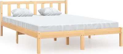 A wooden bed frame with two pillows and a white mattress on a white background.