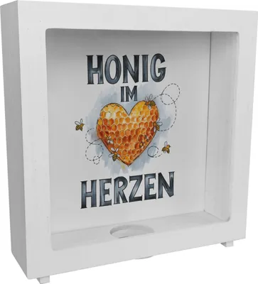 Produktbild von Honig im Herzen Rahmen Spardose aus Holz Herz Honigwaben