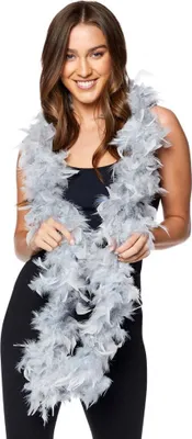 A woman is wearing a silver feather boa.