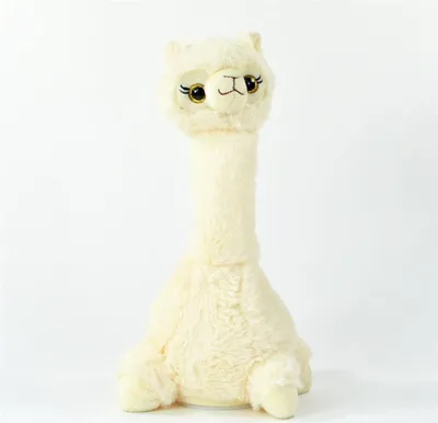 A plush toy llama is shown against a plain white background.