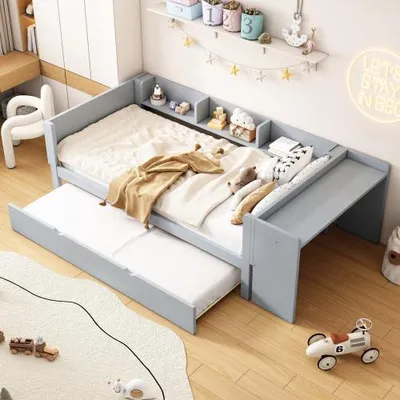 Produktbild von Multifunktionales Kinderbett mit Schreibtisch, Regal und ausziehbarem Gästebett - Platzsparend und robust, geeignet Matratze,in Grau 90x200 cm