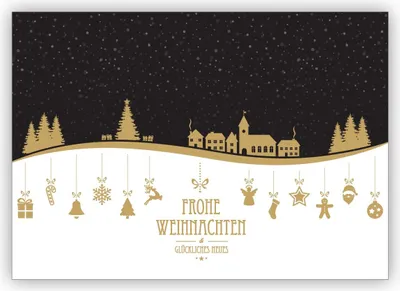 Produktbild von Edle Klappkarte zu Weihnachten mit Winterlandschaft & Weihnachtsschmuck: Frohe Weihnachten & glückliches Neues
