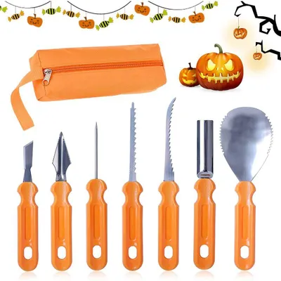 Obrázek produktu pro Sada na vyřezávání dýní, 7 dílů, z nerezové oceli, s úložnou taškou, pro děti i dospělé, dekorace na Halloween