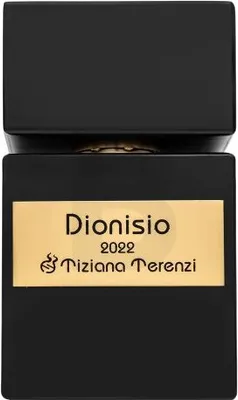 A black perfume bottle with a gold label.