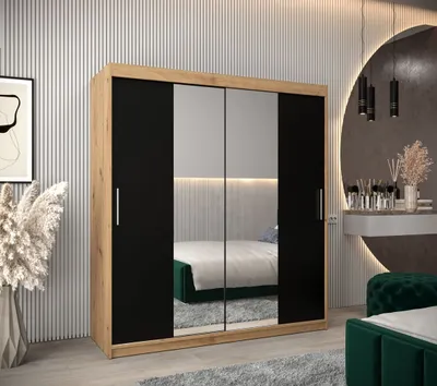 Produktbild von Schwebetürenschrank mit einer Breite von 180 cm TIMEA 1 – Eiche Artisan / Schwarz