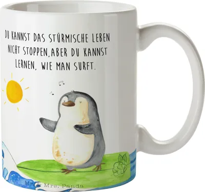 Produktbild von Mr. & Mrs. Panda Tasse Pinguin Surfer - Weiß - Geschenk, Hawaii, Motiviert, Portugal, Urlaub, Optimistisch, Pott, Teebecher, Kaffeebecher, Becher, Keramiktasse
