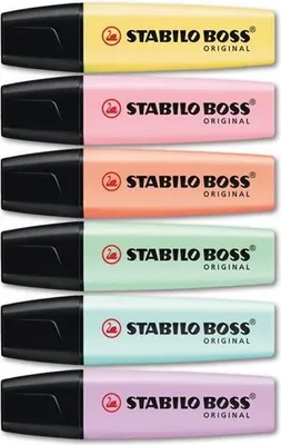 Obrázek produktu pro Rozjasňovač - STABILO BOSS ORIGINAL Pastel - balení 6 ks - pudrově žlutý, krémově broskvový, růžový, fialový, mátově zelený, jemně tyrkysový