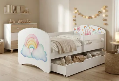Obrázek produktu pro Dětská postýlka Happy Babies s bočními zábranami pro chlapce, 140 x 70 cm, do dětského pokoje, se zásuvkou, matrace, jednolůžko pro děti, bílá, barevné samolepky