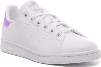 A white Adidas Stan Smith sneaker with iridescent accents on the heel.