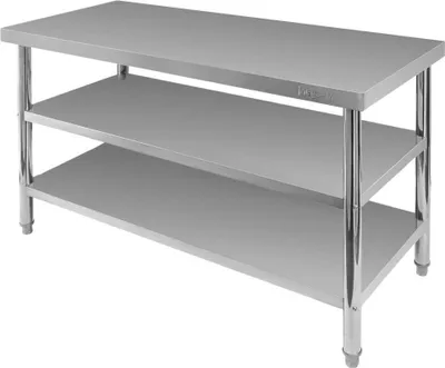 Zdjęcie produktu dla Kuchenny stół ze stali nierdzewnej centralny gastro do krojenia z 2 półkami Mega-M X STANDARD 140x70x85 cm