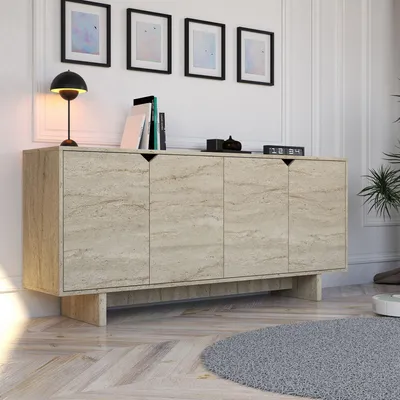 Produktbild von Skye Decor, Moderne Konsolentisch, Travertin, 180 x 80,6 x 40 cm | 100% melaminbeschichtete Spanplatte | Mit zahlreichen Regalen, wandmontierbar, stilvolles Design für Ihr Zuhause.