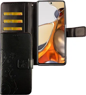 Produktbild von Xiaomi 11T Pro Tasche Handy Hülle Schutz-Cover Flip-Case mit Kartenfach, Farbe:Blumen Schwarz