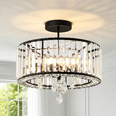 Produktbild von ANWIO Moderne Deckenleuchte Schwarz Kristall Deckenlampe, 3 Flammige Deckenleuchte Wohnzimmer Metall Rund Ø37cm Kristall Lampenschirm Kronleuchter Deckenlampe Schlafzimmer E27 für Esszimmer Küche Flur