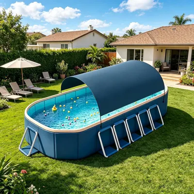 Produktbild von Großer Aufstellpool, Familienpool Mit Sonnendach – Nicht Aufblasbarer Stahlrahmen, Gartenpool, Hundepool XXL Für 1-10 Personen & Erwachsene – 365x250x50 cm
