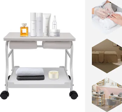 A collage of images showing a beauty salon trolley, a pedicure, and salon beds.