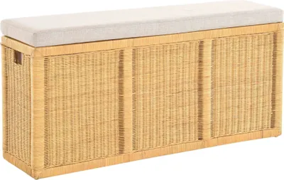 Produktbild von KRINES HOME Breite Schmale Sitztruhe/Sitzbank mit Wäschefach aus Natur-Rattan mit Gepolstertem Sitz (Honig)