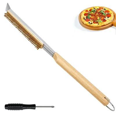 Obrázek produktu pro Čisticí kartáč na pizzovou troubu, 53 cm, 2 v 1: kartáč s dřevěnou rukojetí a škrabka z nerezové oceli