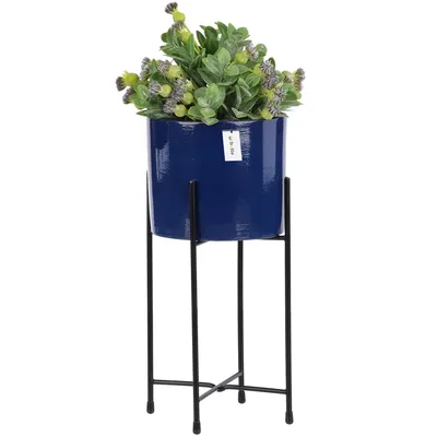 Produktbild von Blumenständer Blumenbeet Blumentopf Metall-Ständer Blumenübertopf Rund D 16,5 cm H 44 cm Dunkelblau Glanz Oberfläche Gestell Orchidee Vase Keramik Modern Glamour