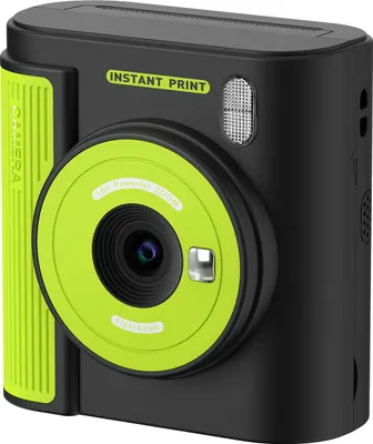 A close-up studio shot of a black and green instant print camera.