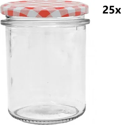 A clear studio shot of an empty glass jar with a red and white checkered lid.