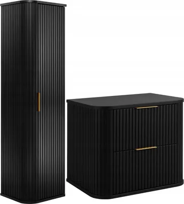 Zdjęcie produktu dla Rodan | Zestaw Mebli Łazienkowych - Czarny - Szafka Pod Umywalkę 60 Cm - Szafka Wysoka 139 Cm - MDF - SoftClose