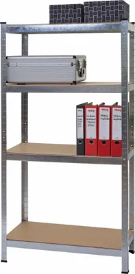 A metal shelving unit with various items on its shelves.